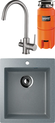 Комплект Мойка Ulgran U-404 -309 темно-серая + Смеситель Kaiser Merkur 26744-5 серебро + Измельчитель Omoikiri Nagare slim 900 матовая, прямоугольная