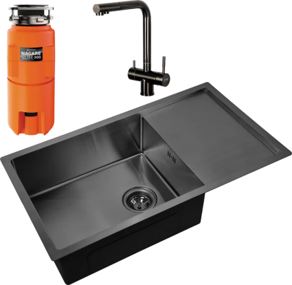 Комплект Мойка Zorg Inox PVD 7844 grafit + Смеситель Inox SZR-7039 GRAFIT графит + Измельчитель Omoikiri Nagare slim 500 брашированная, прямоугольная