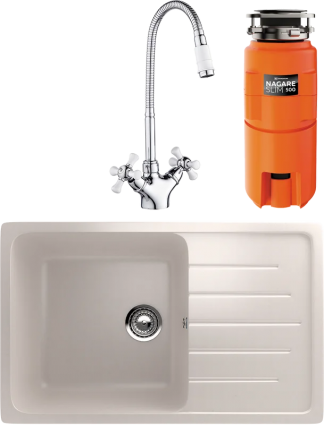Комплект Мойка Ulgran U-400 -331 белая + Смеситель РМС SL92W SL92W-279F хром, белый + Измельчитель Omoikiri Nagare slim 500, матовая, прямоугольная