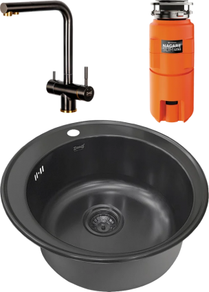 Комплект Мойка Zorg Light + Смеситель Inox SZR-7039 BR/GRAFIT бронза графит + Измельчитель Omoikiri Nagare slim 1250 брашированная, круглая