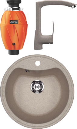 Комплект Мойка Ulgran U-601 -302 песочная + Смеситель U-005 -302 песочный + Измельчитель Omoikiri Nagare 1000 матовая, круглая