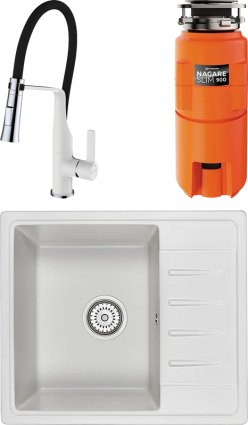 Комплект Мойка Granula Standart 5803, белый + Смеситель Clever Chef 99733 белый, с гибким изливом + Измельчитель Omoikiri Nagare slim 900, матовая, прямоугольная