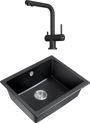 Комплект Мойка Milacio Leon Cuarzo 55 MC.77081 черная матовая + Смеситель Omoikiri Nagano P-BL черный квадратная,  в современном стиле