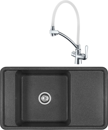 Комплект Мойка кухонная Акватон Беллис 87 графит + Смеситель Lemark Comfort LM3070C-White с гибким изливом, хром, белый, матовая, прямоугольная