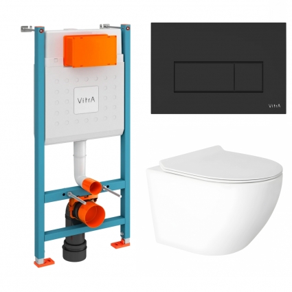 Комплект 3 в 1 инсталляция VitrA V-Fix Core 732-5800-01 + Унитаз подвесной Enio Indigo EN2870533 с кнопкой черной Root Square