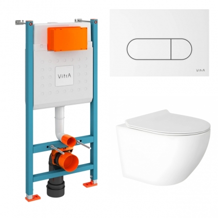 Комплект 3 в 1 инсталляция VitrA V-Fix Core 732-5800-01 + Унитаз подвесной Enio Indigo EN2870533 с кнопкой белой Root Round
