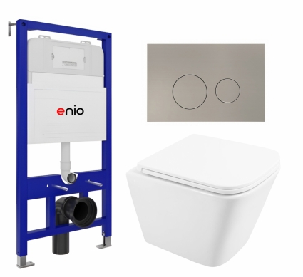 Комплект 3 в 1 инсталляция Enio Tecnico 52 EN8050052 + Унитаз подвесной BelBagno Due BB3103CHR/SC + кнопка матовая нержавеющая сталь Rotondo