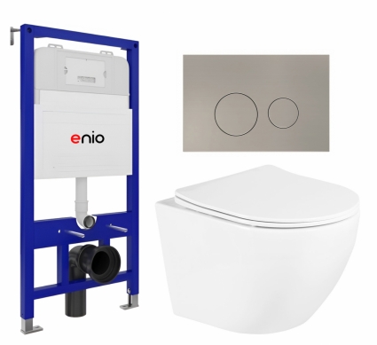 Комплект 3 в 1 инсталляция Enio Tecnico 52 EN8050052 + Унитаз подвесной BelBagno Uno BB3105CHR/SC + кнопка матовая нержавеющая сталь Rotondo