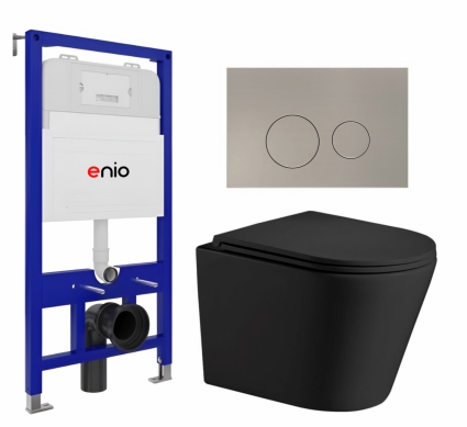 Комплект 3 в 1 инсталляция Enio Tecnico 52 EN8050052 +  Подвесной унитаз WeltWasser Salzbach 043 MT-BL + кнопка матовая нержавеющая сталь Rotondo