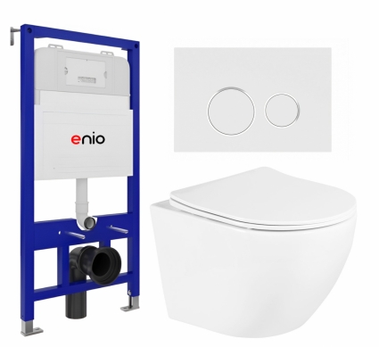 Комплект 3 в 1 инсталляция Enio Tecnico 52 EN8050052 + Унитаз подвесной BelBagno Uno BB3105CHR/SC + кнопка белая, окантовка хром Rotondo