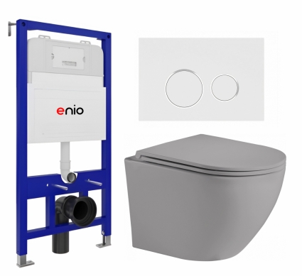 Комплект 3 в 1 инсталляция Enio Tecnico 52 EN8050052 + Унитаз подвесной Weltwasser WW Merzbach 043 MT-GR + кнопка белая, окантовка хром Rotondo