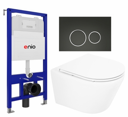 Комплект 3 в 1 инсталляция Enio Tecnico 52 EN8050052 + Унитаз подвесной BelBagno Tre BB8001CHR/SC + кнопка черная матовая, окантовка хром Rotondo