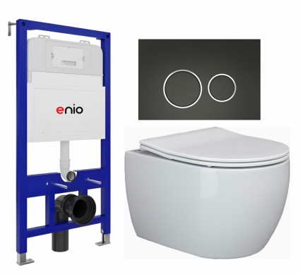 Комплект 3 в 1 инсталляция Enio Tecnico 52 EN8050052 + Унитаз подвесной Ceramica Nova Play CN3001  + кнопка черная матовая, окантовка хром Rotondo