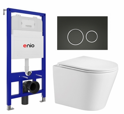 Комплект 3 в 1 инсталляция Enio Tecnico 52 EN8050052 + Подвесной унитаз WeltWasser Salzbach 043 GL-WT + кнопка черная матовая, окантовка хром Rotondo