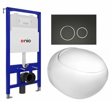 Комплект 3 в 1 инсталляция Enio Tecnico 52 EN8050052 + Подвесной унитаз WeltWasser Jeckenbach + кнопка черная матовая, окантовка хром Rotondo