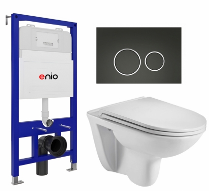 Комплект 3 в 1 инсталляция Enio Tecnico 52 EN8050052 + Подвесной унитаз WeltWasser Baarbach 004 GL-WT + кнопка черная матовая, окантовка хром Rotondo
