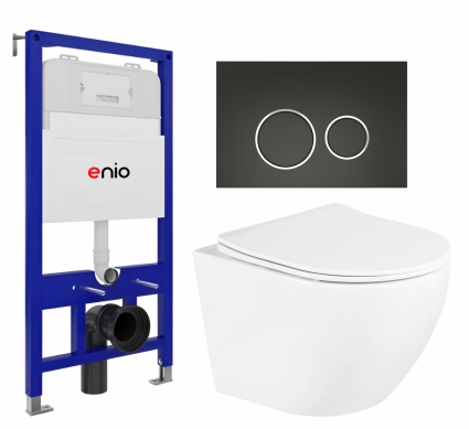 Комплект 3 в 1 инсталляция Enio Tecnico 52 EN8050052 + Унитаз подвесной BelBagno Uno BB3105CHR/SC + кнопка черная матовая, окантовка хром Rotondo