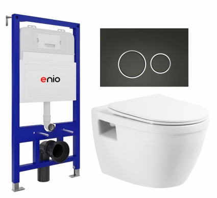 Комплект 3 в 1 инсталляция Enio Tecnico 52 EN8050052 + Унитаз подвесной BelBagno Loto BB070CHR/SC + кнопка черная матовая, окантовка хром Rotondo