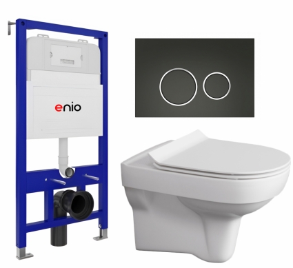 Комплект 3 в 1 инсталляция Enio Tecnico 52 EN8050052 + Унитаз подвесной Cersanit City clean on DPL EO SLIM + кнопка черная матовая, окантовка хром Rotondo