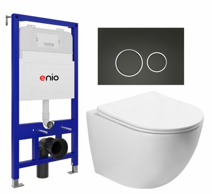 Комплект 3 в 1 инсталляция Enio Tecnico 52 EN8050052 + Унитаз подвесной SantiLine SL-5005 + кнопка черная матовая, окантовка хром Rotondo