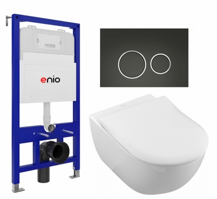 Комплект 3 в 1 инсталляция Enio Tecnico 52 EN8050052 + Унитаз подвесной Villeroy & Boch Subway 2.0 5614R201 + кнопка черная матовая, окантовка хром Rotondo