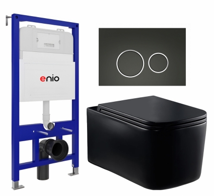 Комплект 3 в 1 инсталляция Enio Tecnico 52 EN8050052 + Унитаз Vincea Ultra Rimless VT1-32MB + кнопка черная матовая, окантовка хром Rotondo