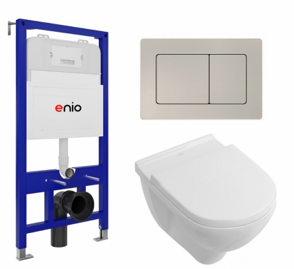 Комплект 3 в 1 инсталляция Enio Tecnico 52 EN8050052 + Унитаз подвесной Villeroy & Boch O Novo + кнопка матовая нержавеющая сталь Quadro