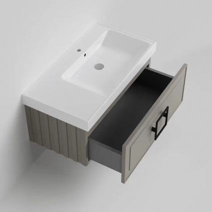 Тумба под раковину La Fenice CUBO Cappuccino бежевая матовая 90 см Черная ручка подвесная, с ящиками