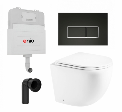 Комплект 3 в 1 смывной бачок скрытого монтажа Enio Tecnico EN8050817 + Унитаз приставной Enio Unico EN5104885 + кнопка черная матовая, окантовка хром Rettangolo