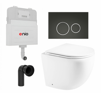 Комплект 3 в 1 смывной бачок скрытого монтажа Enio Tecnico EN8050817 + Унитаз приставной Enio Unico EN5104885 + кнопка черная матовая, окантовка хром Rotondo