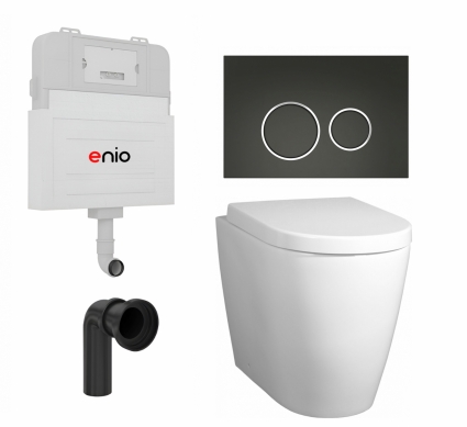 Комплект 3 в 1 смывной бачок скрытого монтажа Enio Tecnico EN8050817 + Унитаз приставной BelBagno Marino + кнопка черная матовая, окантовка хром Rotondo