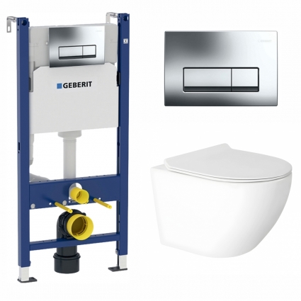 Комплект 3 в 1 инсталляция Geberit Duofix + Подвесной унитаз Enio Indigo с кнопкой Delta 51 хром