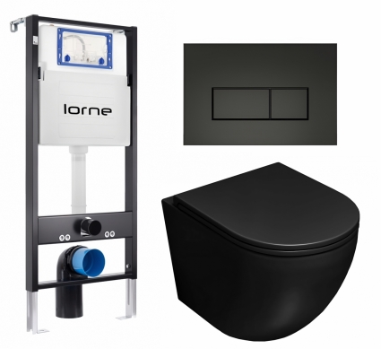 Комплект 3 в 1 инсталляция Lorne Profi LN7002500 + Унитаз подвесной Lorne Pilpao LN5007503 + кнопка черная матовая Rectangle