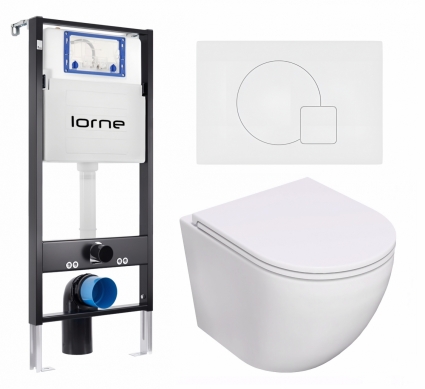 Комплект 3 в 1 инсталляция Lorne Profi LN7002500 + Унитаз подвесной Lorne Pilpao Tornado LN5007502 + кнопка белая матовая Geometriq