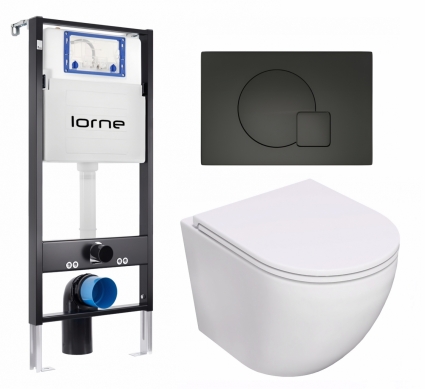 Комплект 3 в 1 инсталляция Lorne Profi LN7002500 + Унитаз подвесной Lorne Pilpao Tornado LN5007502 + кнопка черная матовая Geometriq