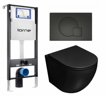 Комплект 3 в 1 инсталляция Lorne Profi LN7002500 +  Унитаз подвесной Lorne Pilpao LN5007503 + кнопка черная матовая Geometriq