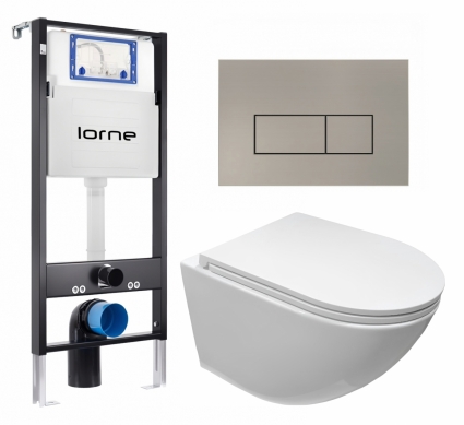 Комплект 3 в 1 инсталляция Lorne Profi LN7002500 + Подвесной безободковый унитаз CeruttiSpa Sella aria CT7183 + кнопка матовая нержавеющая сталь Rectangle