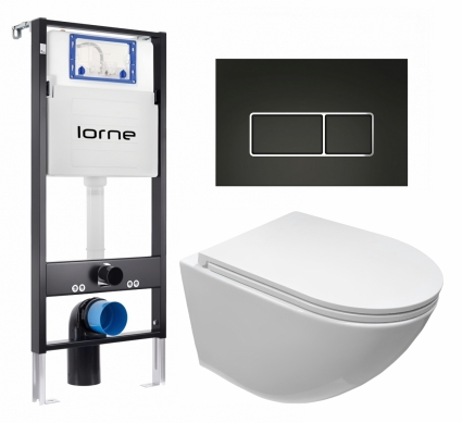 Комплект 3 в 1 инсталляция Lorne Profi LN7002500 + Подвесной безободковый унитаз CeruttiSpa Sella aria CT7183 + кнопка черная, окантовка хром Rectangle