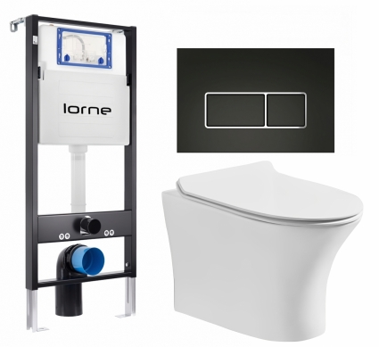 Комплект 3 в 1 инсталляция Lorne Profi LN7002500 +  Подвесной безободковый унитаз CeruttiSpa Bernina aria CT7191 + кнопка черная, окантовка хром Rectangle