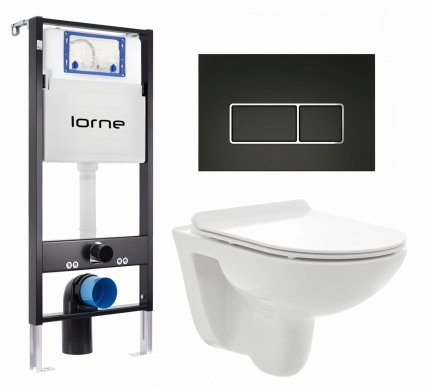 Комплект 3 в 1 инсталляция Lorne Profi LN7002500 +  Унитаз подвесной AQUAme AQM2008 + кнопка черная, окантовка хром Rectangle