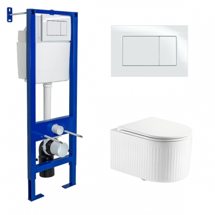 Комплект 3 в 1 инсталляция Berges Wasserhaus Atom 410 + Подвесной унитаз Enio Morris Tornado с кнопкой белой