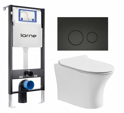 Комплект 3 в 1 инсталляция Lorne Profi LN7002500 + Подвесной безободковый унитаз CeruttiSpa Bernina aria CT7191 + кнопка черная матовая Ronde