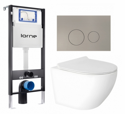Комплект 3 в 1 инсталляция Lorne Profi LN7002500 + Унитаз подвесной Enio Indigo EN2870533 + кнопка матовая нержавеющая сталь Ronde