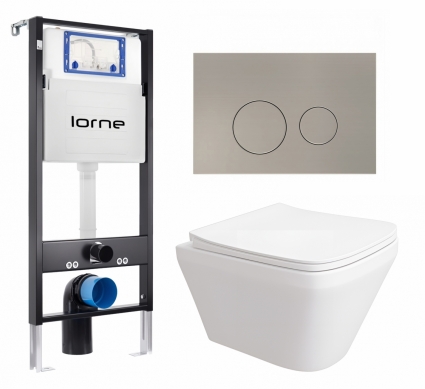 Комплект 3 в 1 инсталляция Lorne Profi LN7002500 + Унитаз подвесной Enio Vicino EN9170544 + кнопка матовая нержавеющая сталь Ronde