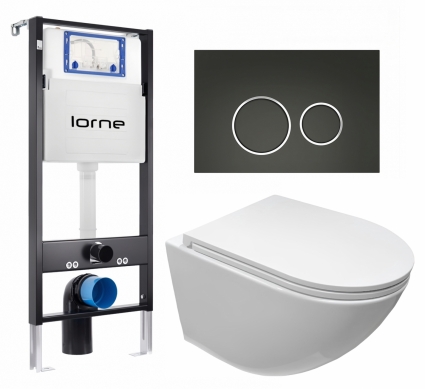 Комплект 3 в 1 инсталляция Lorne Profi LN7002500 + Подвесной безободковый унитаз CeruttiSpa Sella aria CT7183 + кнопка черная матовая, окантовка хром Ronde