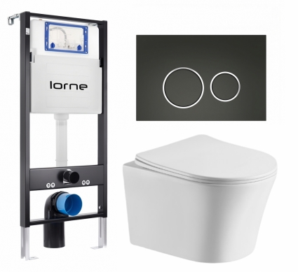 Комплект 3 в 1 инсталляция Lorne Profi LN7002500 + Подвесной унитаз CeruttiSpa Adige Aria CT7837 + кнопка черная матовая, окантовка хром Ronde