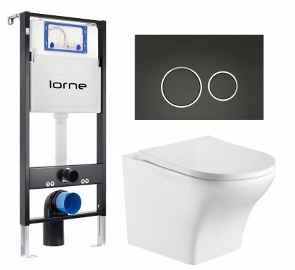 Комплект 3 в 1 инсталляция Lorne Profi LN7002500 + Подвесной унитаз WeltWasser Odenbach 004 GL-WT + кнопка черная матовая, окантовка хром Ronde