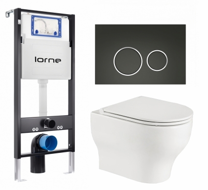 Комплект 3 в 1 инсталляция Lorne Profi LN7002500 + Подвесной унитаз WeltWasser Erlenbach 004 GL-WT + кнопка черная матовая, окантовка хром Ronde