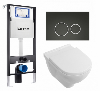 Комплект 3 в 1 инсталляция Lorne Profi LN7002500 + Унитаз подвесной Villeroy & Boch O Novo + кнопка черная матовая, окантовка хром Ronde