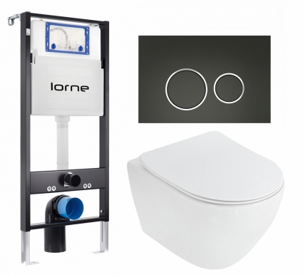 Комплект 3 в 1 инсталляция Lorne Profi LN7002500 + Унитаз подвесной Cezares Stylus CZR-513-TH-R + кнопка черная матовая, окантовка хром Ronde